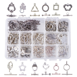 PandaHall Elite 96 Sets 12 Style Tibetan Style Alloy Antique Silver Toggle TBar Clasps Findings Jewelry Making (Flower, Butterfly, Leaf, Drop, Heart, Donut, Triangle)