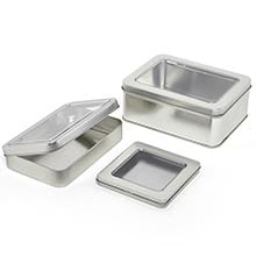 Metal Rectangular Small Square Window Hinged Steel Tin Can - Quantity: 24 - Tins - Type: Small Square Width: 3 3/4 Height/Depth: 1/2 Length: 3 3/4