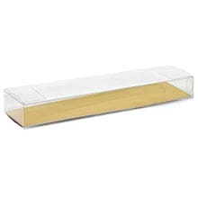 Display Clear Candy Box with Gold Card Cardboard - Quantity: 50 - Plastic Boxes - Gold Bottomtype: Flat Width: 2 Height/Depth: 7/8 Length: 7 1/4